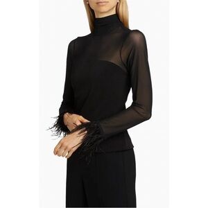 Cinq a Sept Shantel Feather Trim Mesh Sleeve Top Black